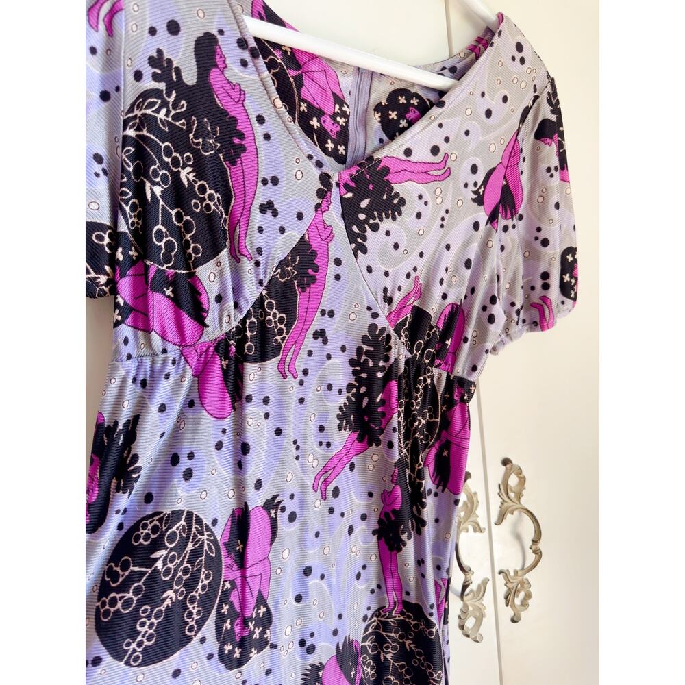 Vintage 70s Maxi Dress Sea Siren Print Purple Black Sexy Fit Side Slits Maxi - Picture 8 of 10